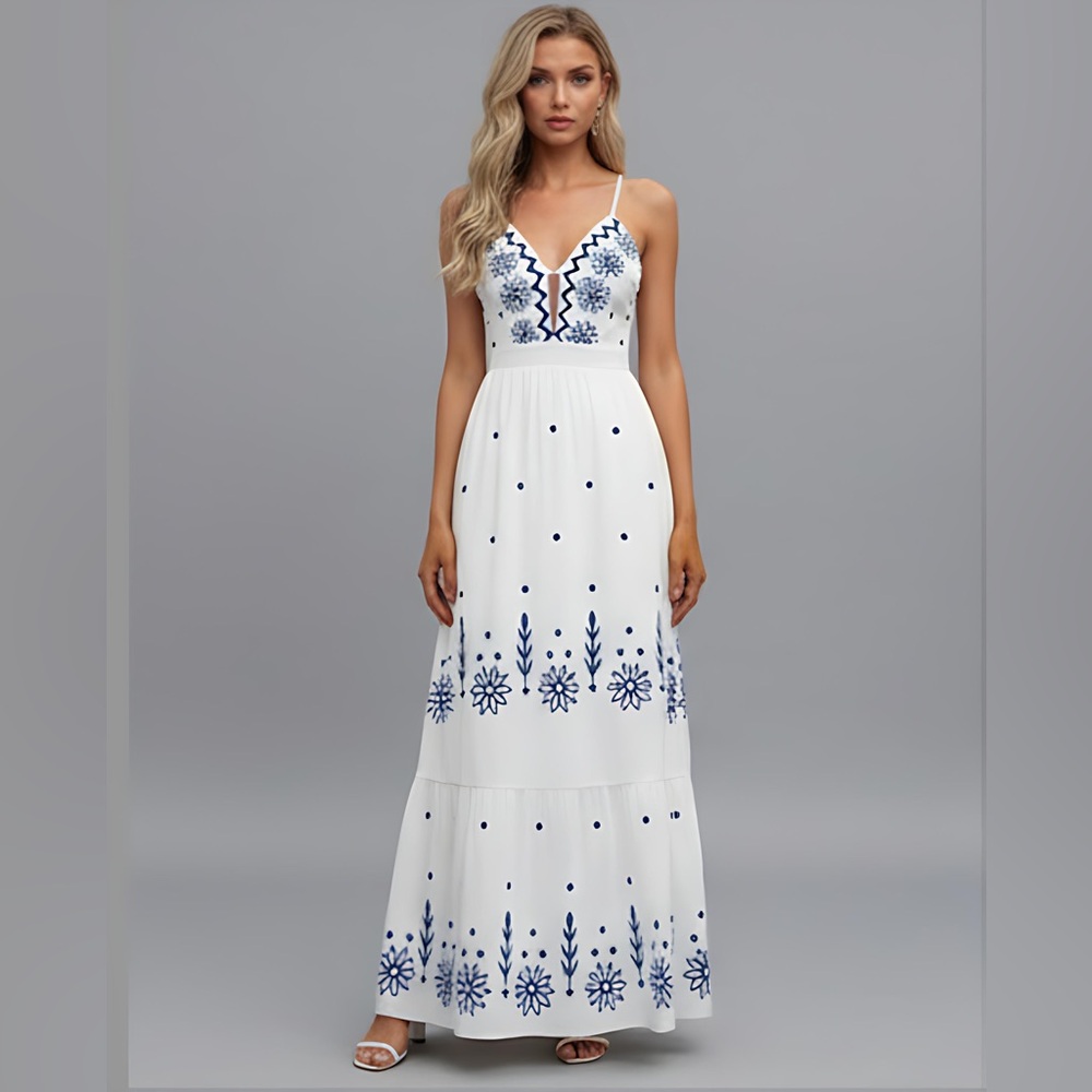 Boho Floral Print Low Cut Maxi Dress White - Picture 1 of 7